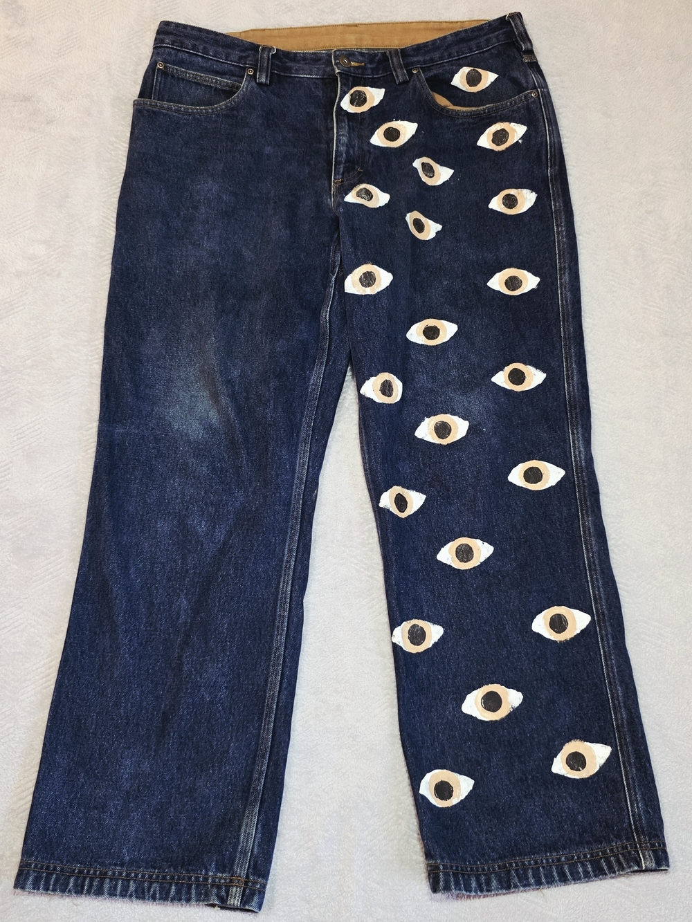 Duluth Trading Ballroom Jeans 38x30 Hand Painted Eyes Art Denim